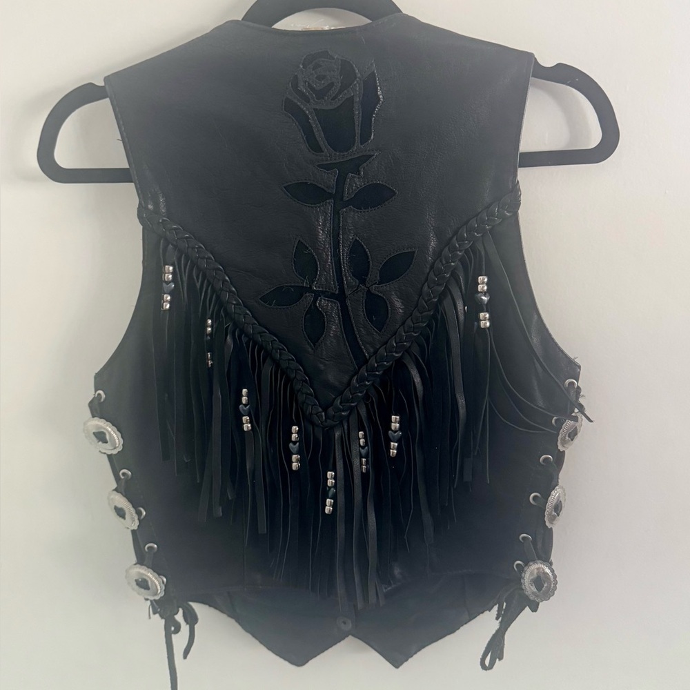 Vintage Black Leather Vest with Fringe and Floral Design - Picture 2 of 4